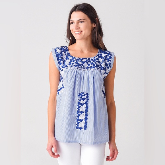 J. MARIE Blue Pinstripe Floral Embroidered Top Sleeveless Size Large - Picture 5 of 7